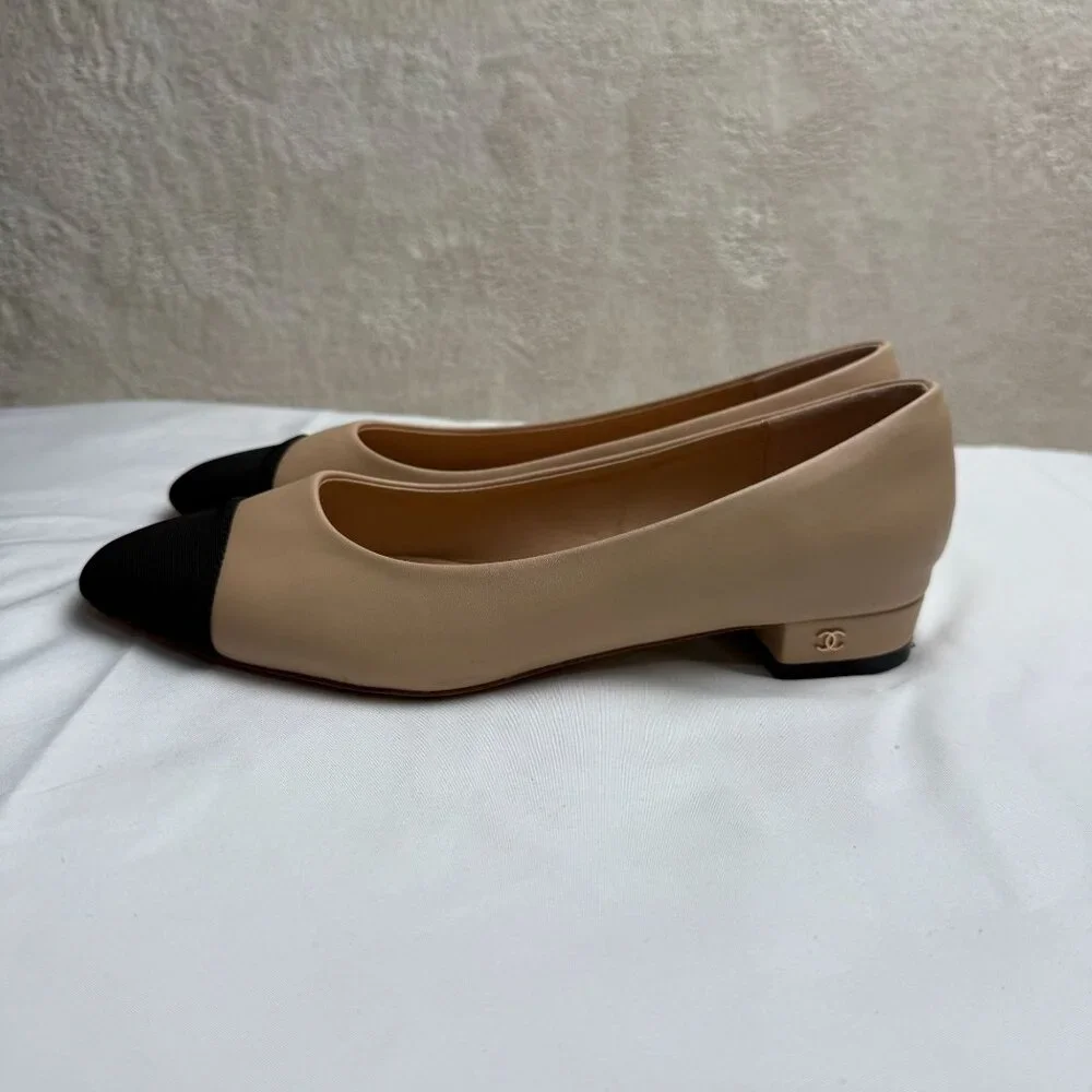 Designer Inspired Beige & Black Cap Toe Ballerina Flats Size 40 (US 9) old money - Picture 7 of 12